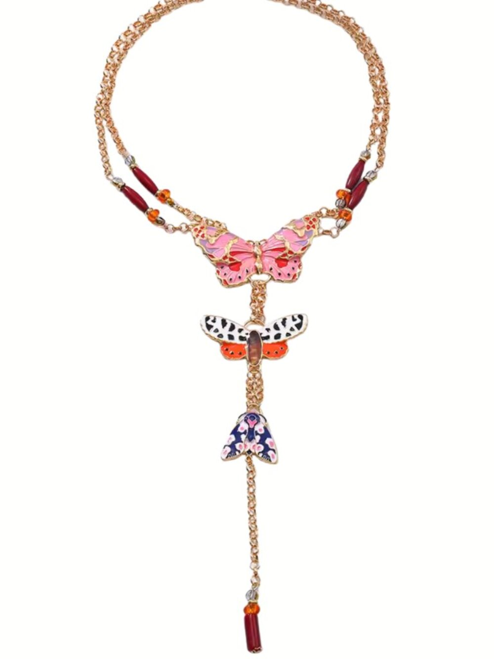 Zara Style Butterfly Garden Beaded Bohemian Lariat Necklace Pink/Red NEW - Picture 6 of 6